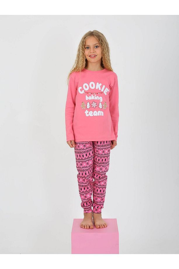 Kız Çocuk Uzun Kollu %100 Pamuklu Yılbaşı Pijama Takımı Cookie Team - 3