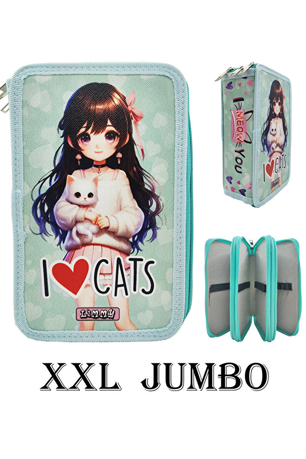 XL Jumbo Model Cat Girl Pencil Case Organizer Pencil Box 3 Compartment Pen Holder Green
