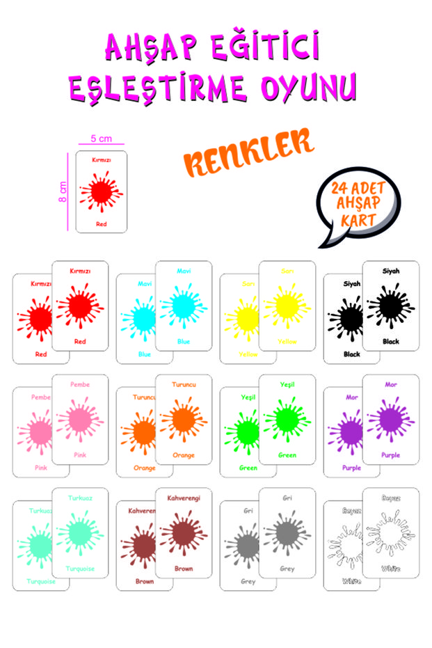 Colors Wooden Memory Matching Cards 12 Colors 24 Cards Turkish - English Memory Game