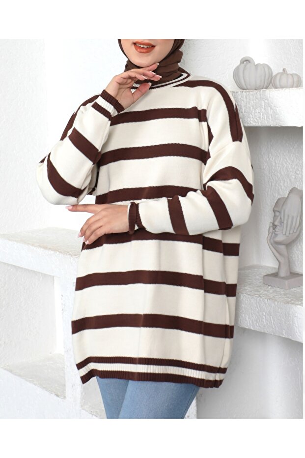 Standard Size Striped Long Sleeve Knitwear Tunic