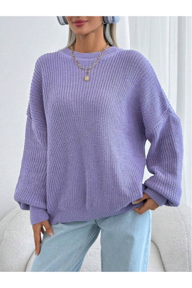 Lila Kadın Oversize Triko Kazak - 7