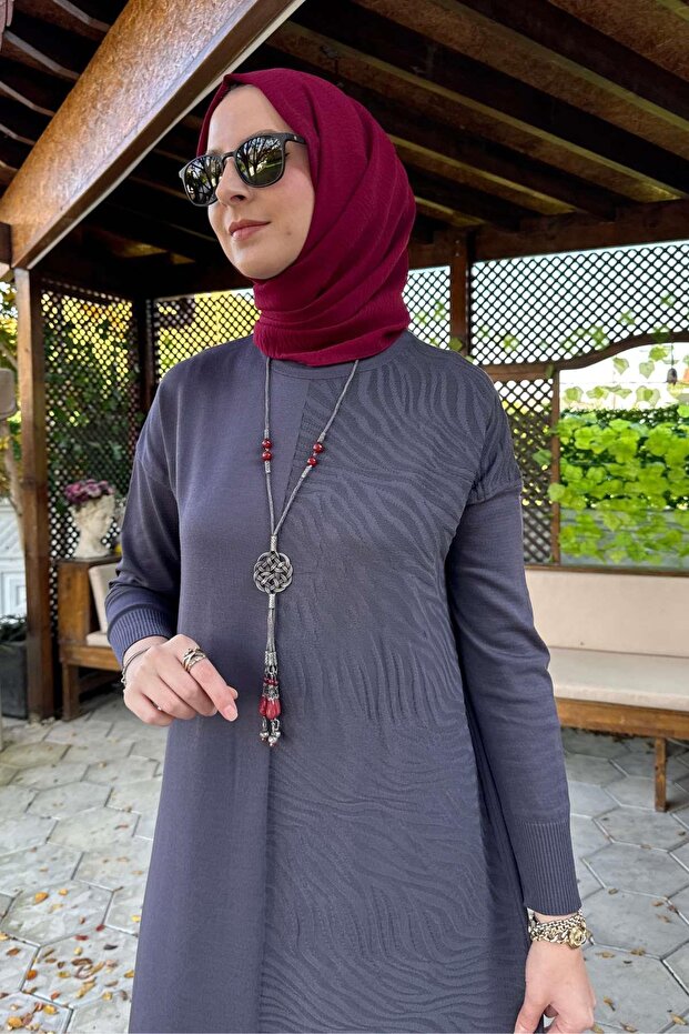 Zebra Desen Triko Elbise Antrasit - 5