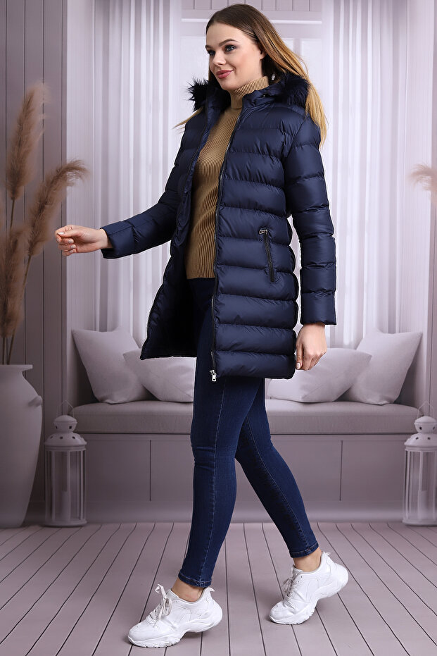 TALS FASHION - معطف أزرق داكن بغطاء للرأس وسحاب من القطيفة مقاوم للماء والرياح - 3