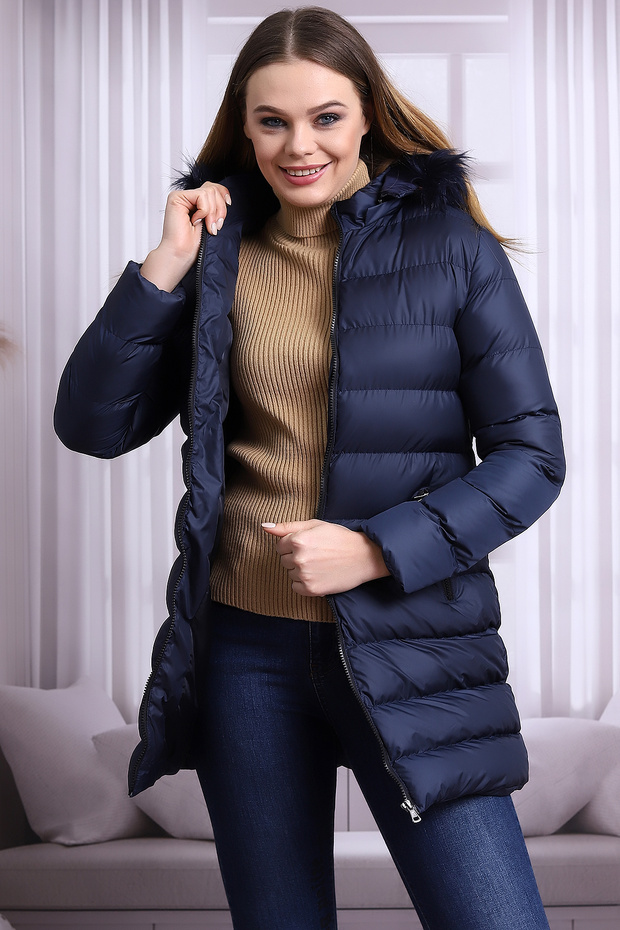 TALS FASHION - معطف أزرق داكن بغطاء للرأس وسحاب من القطيفة مقاوم للماء والرياح - 2