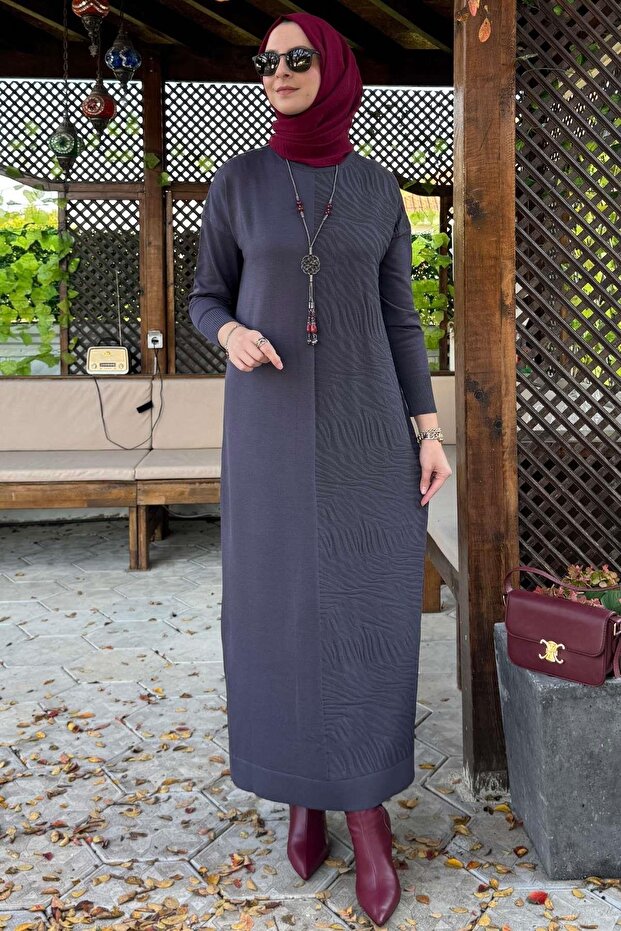 Zebra Desen Triko Elbise Antrasit - 8