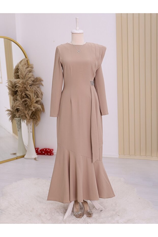Beige Pleated Evening Dress - Stone Detailed Waist