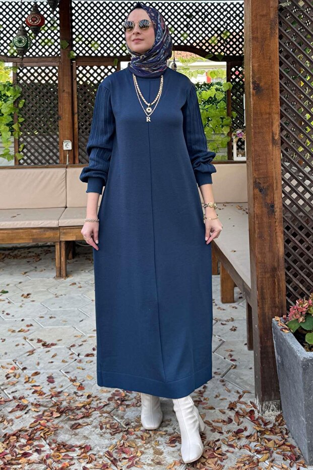 Ecem İndigo Triko Elbise - 9