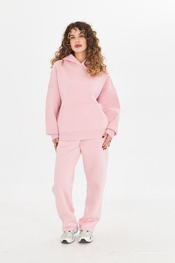 Pembe Kapüşonlu Basic Bel Lastikli Boru Paça Cepli Oversize Eşofman Takımı - 8
