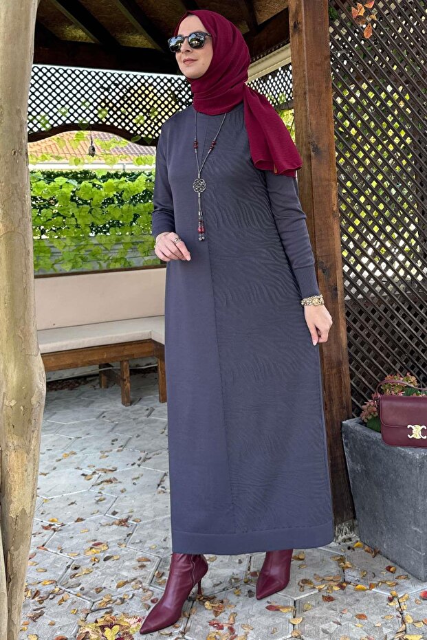 Zebra Desen Triko Elbise Antrasit - 9