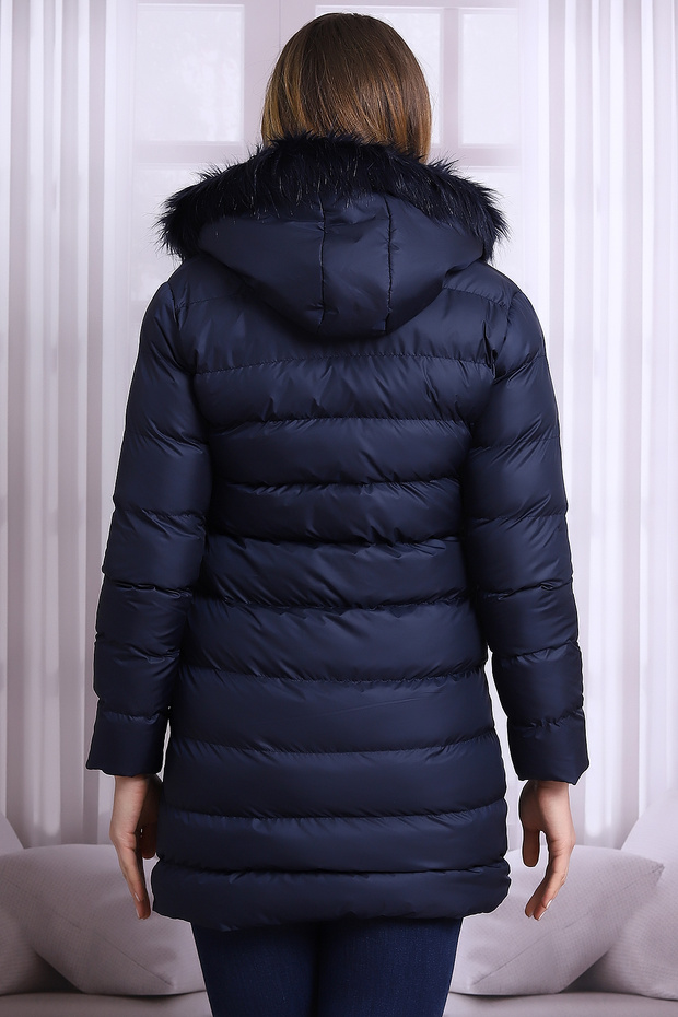 TALS FASHION - معطف أزرق داكن بغطاء للرأس وسحاب من القطيفة مقاوم للماء والرياح - 7