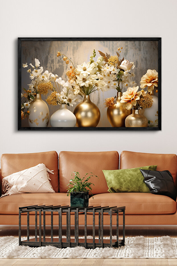 Gold Vazoda Çiçekler Tek Parça Siyah Çerçeveli Kanvas - Canvas Tablo - 3