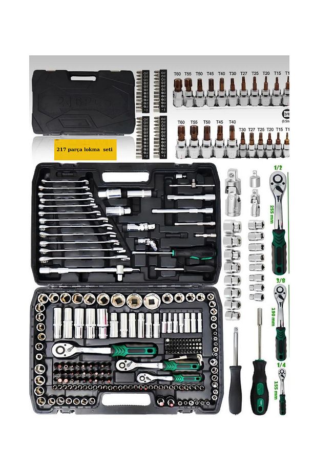 Tam Pro alman  72 Diş Eğik Cırcır 217 Parça Lokma Takımı Oto Tamirci Tam Set 1/2-3/8-1/4 - 2