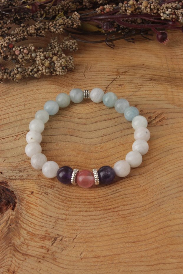 8mm Amethyst-Aquamarine-Moonstone - Natural Stone Bracelet, Pink Quartz