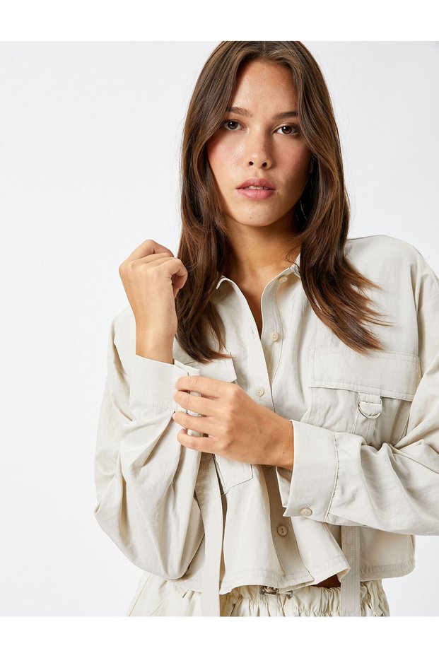 Crop Shirt with Cargo Pocket Buttons and Metal Accessories