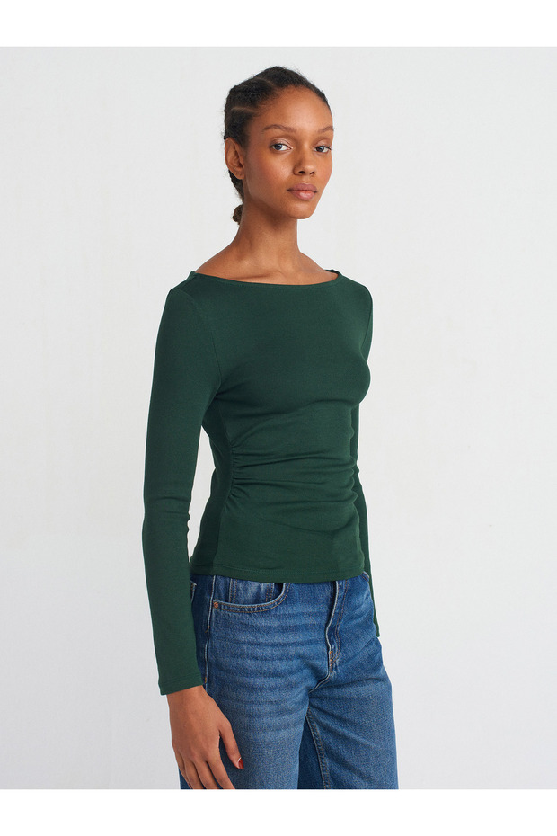 31401 Drawstring Boat Neck Top-N.Green