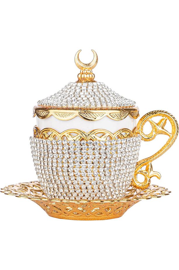 Kahve Fincanı Türk Arap Kahvesi Espresso Fincan Tabağı Taşlı Kristal Set 1 Adet El Yapımı Bakır - 1