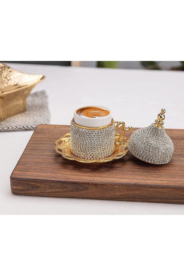 Kahve Fincanı Türk Arap Kahvesi Espresso Fincan Tabağı Taşlı Kristal Set 1 Adet El Yapımı Bakır - 3