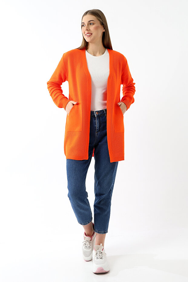 Kadın Turuncu Kanguru Cep Triko Hırka - 5