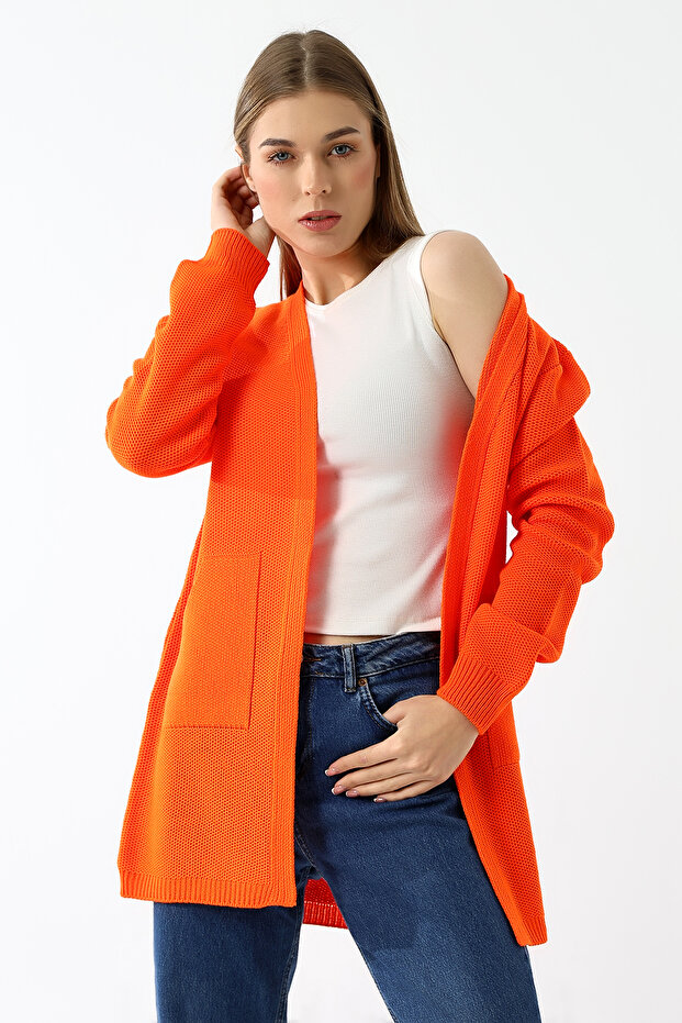 Kadın Turuncu Kanguru Cep Triko Hırka - 6