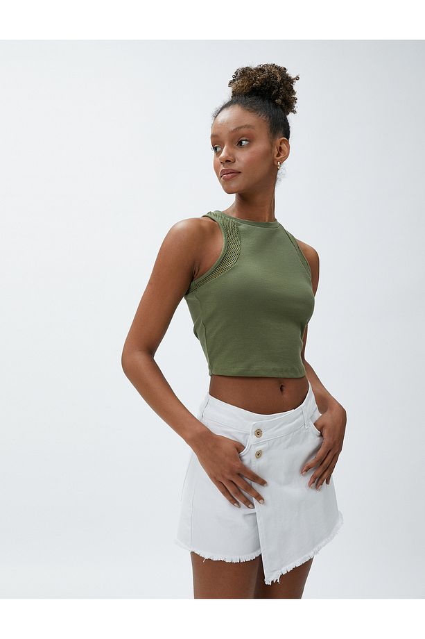 Crop Atlet Halter Yaka File Detaylı Pamuklu - 3