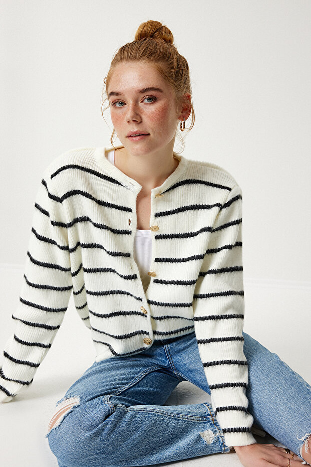Gold Button Striped Knitwear Cardigan Bone Black Lpf0003