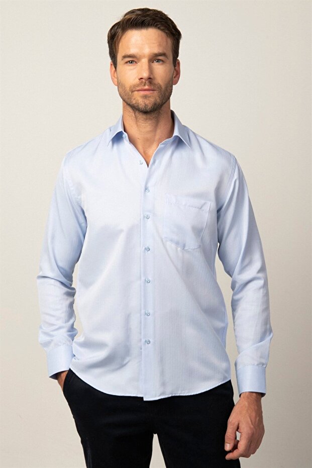 Classic Fit Long Sleeve Cotton Easy Iron Dobby Men's Blue Shirt