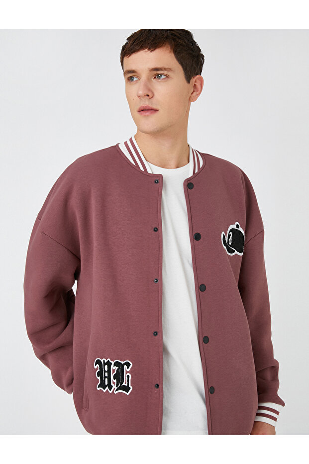College Jacket Bomber Collar with Embroidery Detail and Snap Pocket