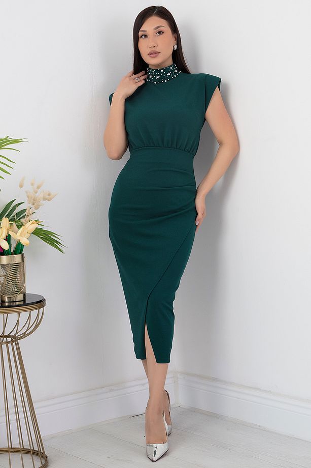 Dik Yaka Taşlı Krep Elbise DKS1181 - 3