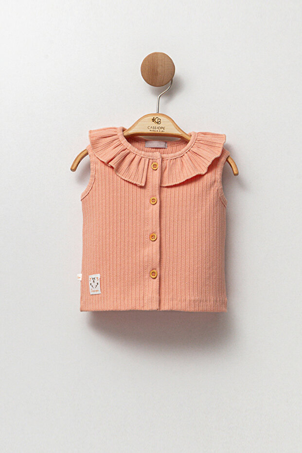 Ribbed Ruffled Collar Detailed Buttoned Cotton Sleeveless Baby Girl Vest