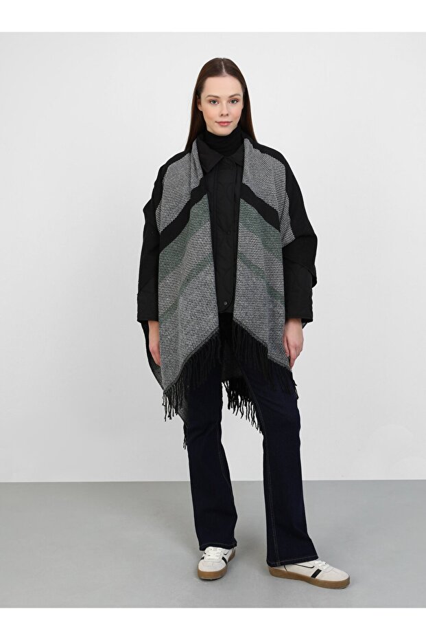 Patterned Acrylic Poncho - Black-Khaki - Patterned Poncho-Tuva