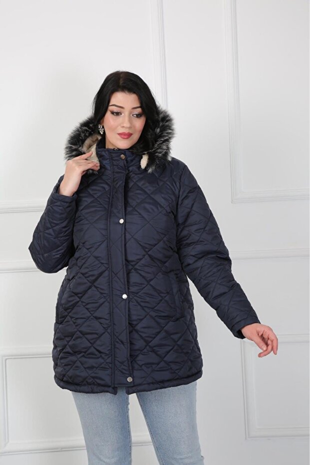 Női sötétkék gyémánt mintás felfújható steppelt nagy méretű kabát - 1