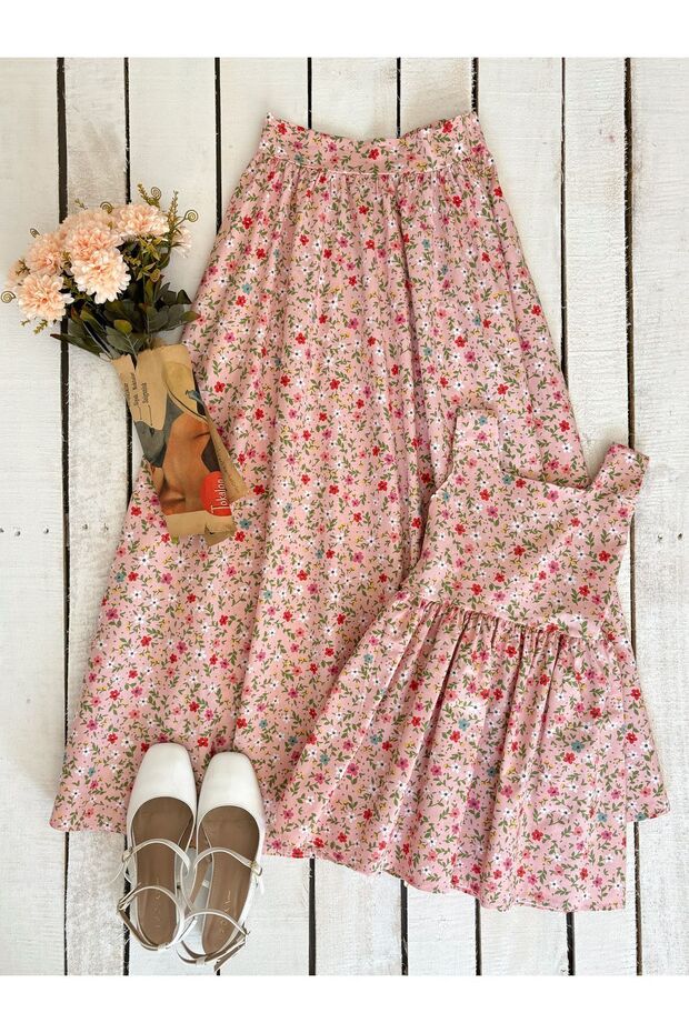 Powder Floral Poplin Mother Skirt and Girl's Dress Combo