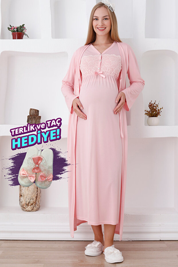 Long Sleeve Maternity Nightgown & Robe Set / Lace Trimmed Bust and Buttons / Slippers and Crown Gift