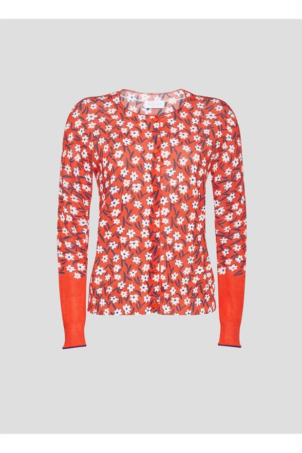 Çiçek Desenli Düğmeli Kırmızı Pamuklu Merserize Hırka - 5