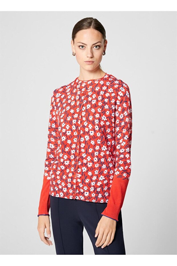 Çiçek Desenli Düğmeli Kırmızı Pamuklu Merserize Hırka - 1