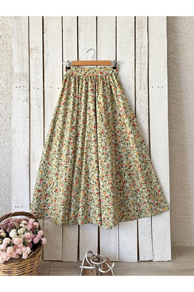 Green Floral Poplin Flared Skirt