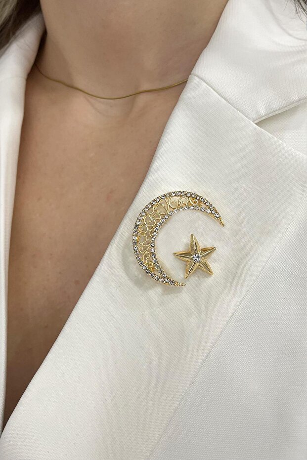 Altın Sarısı Taşlı Ay Yıldız Broş (4 CM) - 3