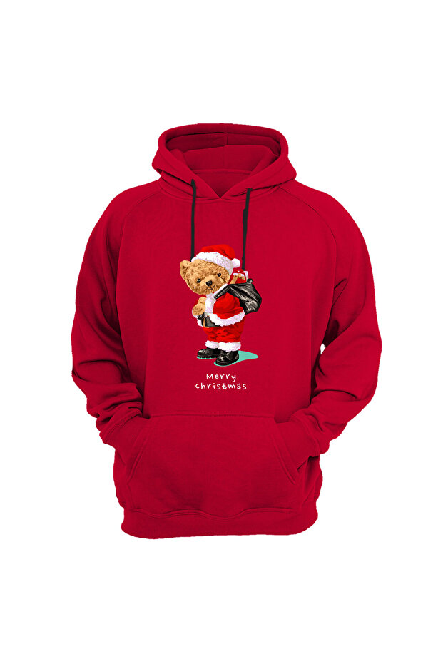 Teddy Bear Printed New Year Santa Claus Merry Chirstmas Deer Regular Fit 100% Cotton Red Sweatshirt