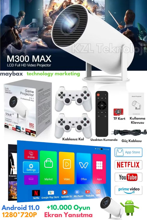 Taşınabilir Sinema Projeksiyon 720P  BT5.0 Wİ-Fİ6 Ekran Yansıtma 10.000 Oyun Kablosuz 2 Joystick - 1
