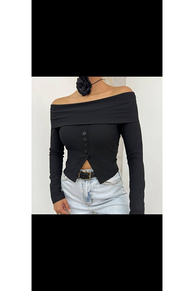 بلوزة قصيرة بأكمام طويلة مع أزرار - 1