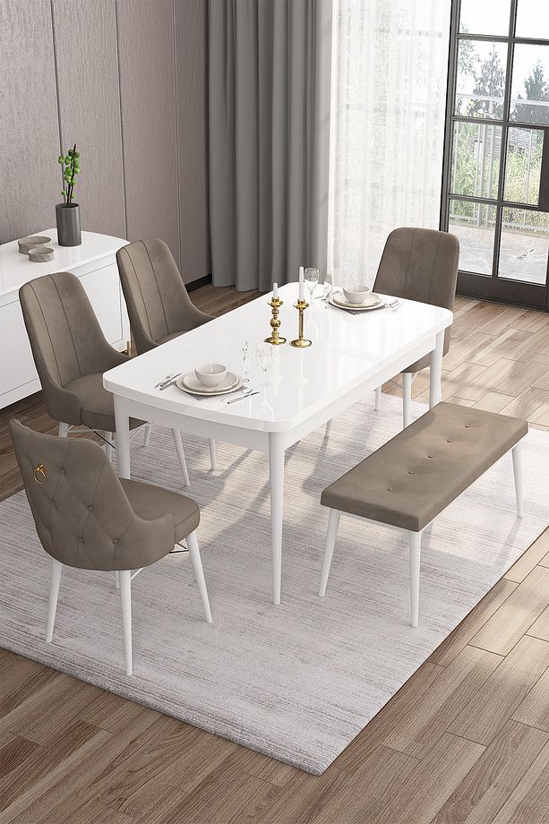 Are Serisi Mdf 80x132 Açılabilir Beyaz Masa Takımı 4 Cappucino Sandalye Ve 1 Bench - 1