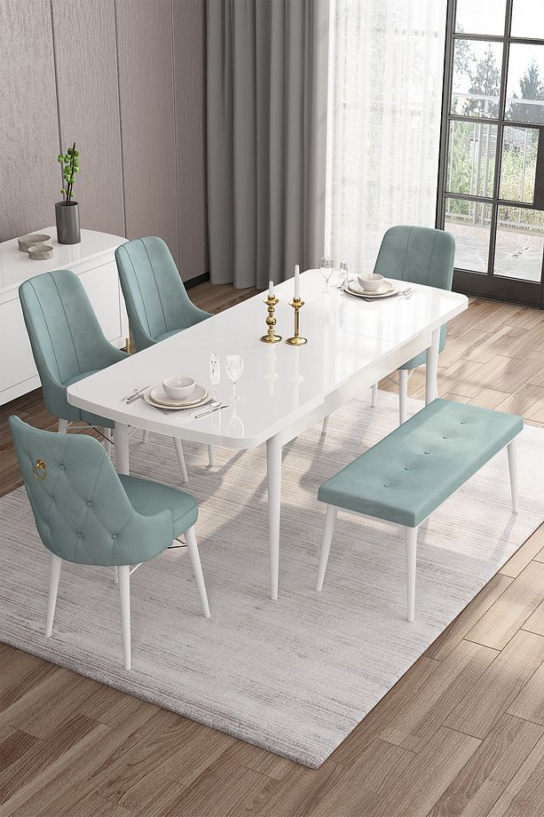 Are Serisi Mdf 80x132 Açılabilir Beyaz Masa Takımı 4 Su Yeşili Sandalye Ve 1 Bench - 2