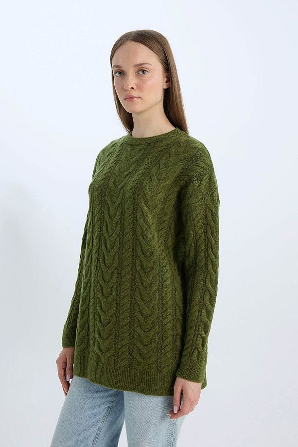 Regular Fit Bisiklet Yaka Saç Örgü Desenli Triko Kazak Tunik B4284AX24WN - 3