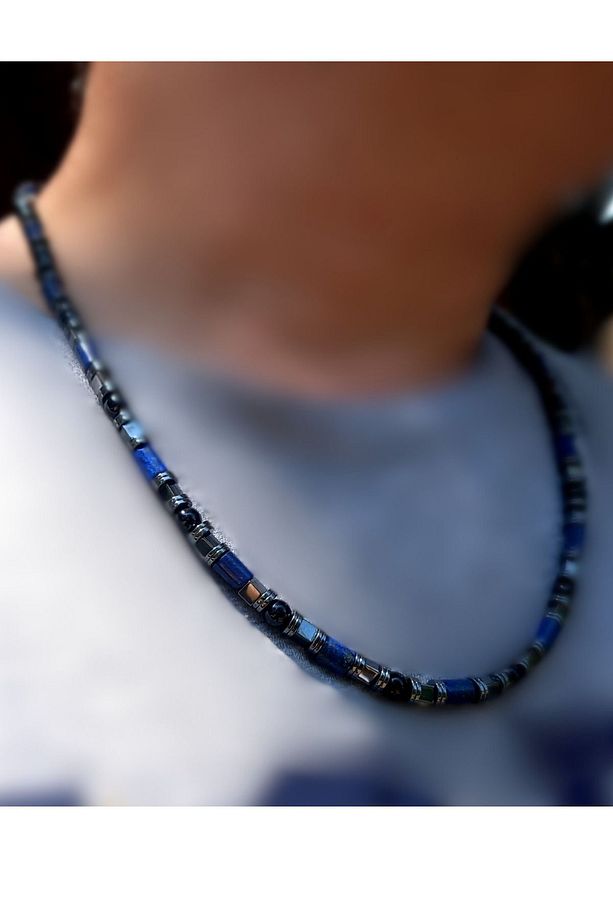 Lapis Lazuli Doğal Taşı Erkek Uzun Kolye (51 CM) -Lapis Lazuli Hematit Güç Ve Denge Kolyesi - 8