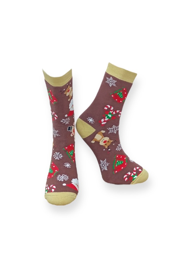 Tekli Kahverengi Renkli Unisex Esnek Nem Alabilen Pamuklu Christmas Desenli Havlu Çorap - 1