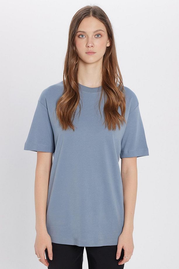 Unisex Relax Fit Rahat Kesim %100 Pamuk Yumuşak Dokulu Hafif Kalın Basic Bisiklet Yaka Mavi Tişört - 4
