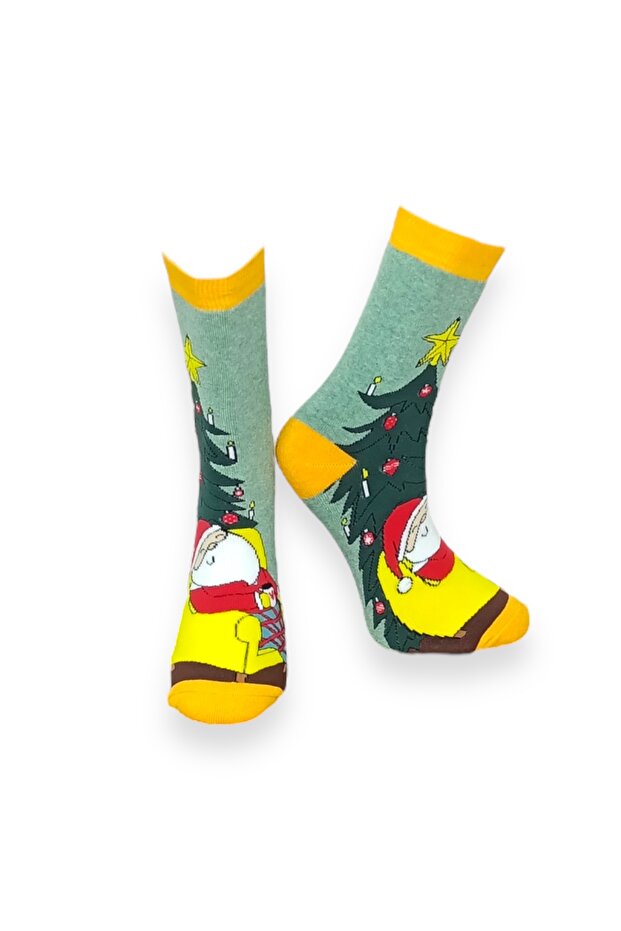 Tekli Sarı Renkli Unisex Esnek Nem Alabilen Pamuklu Christmas Desenli Havlu Çorap - 1