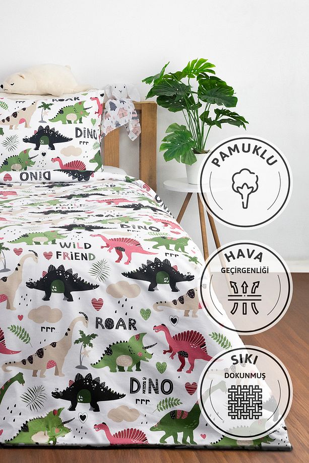 Dino %100 Pamuk Tek Kişilik Nevresim Seti - Yeşil - 1
