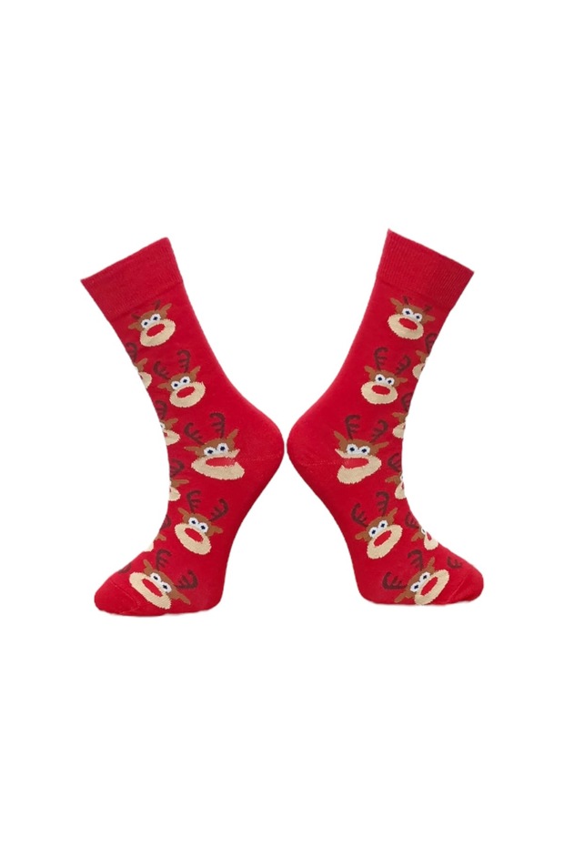Tekli Kırmızı Renkli Unisex Esnek Nem Alabilen Pamuklu Christmas Desenli Çorap - 2