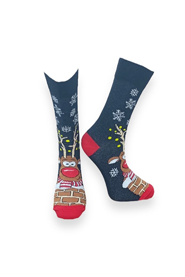 Tekli Lacivert Renkli Unisex Esnek Nem Alabilen Pamuklu Christmas Geyik Desenli Çorap - 1
